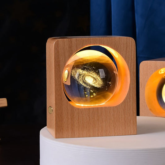 Wooden Base LED Night Light, 3D Laser-Engraved Galaxy Crystal Ball Lamp