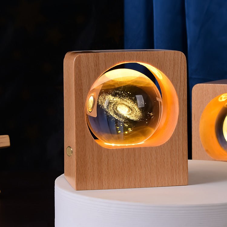 Wooden Base LED Night Light, 3D Laser-Engraved Galaxy Crystal Ball Lamp