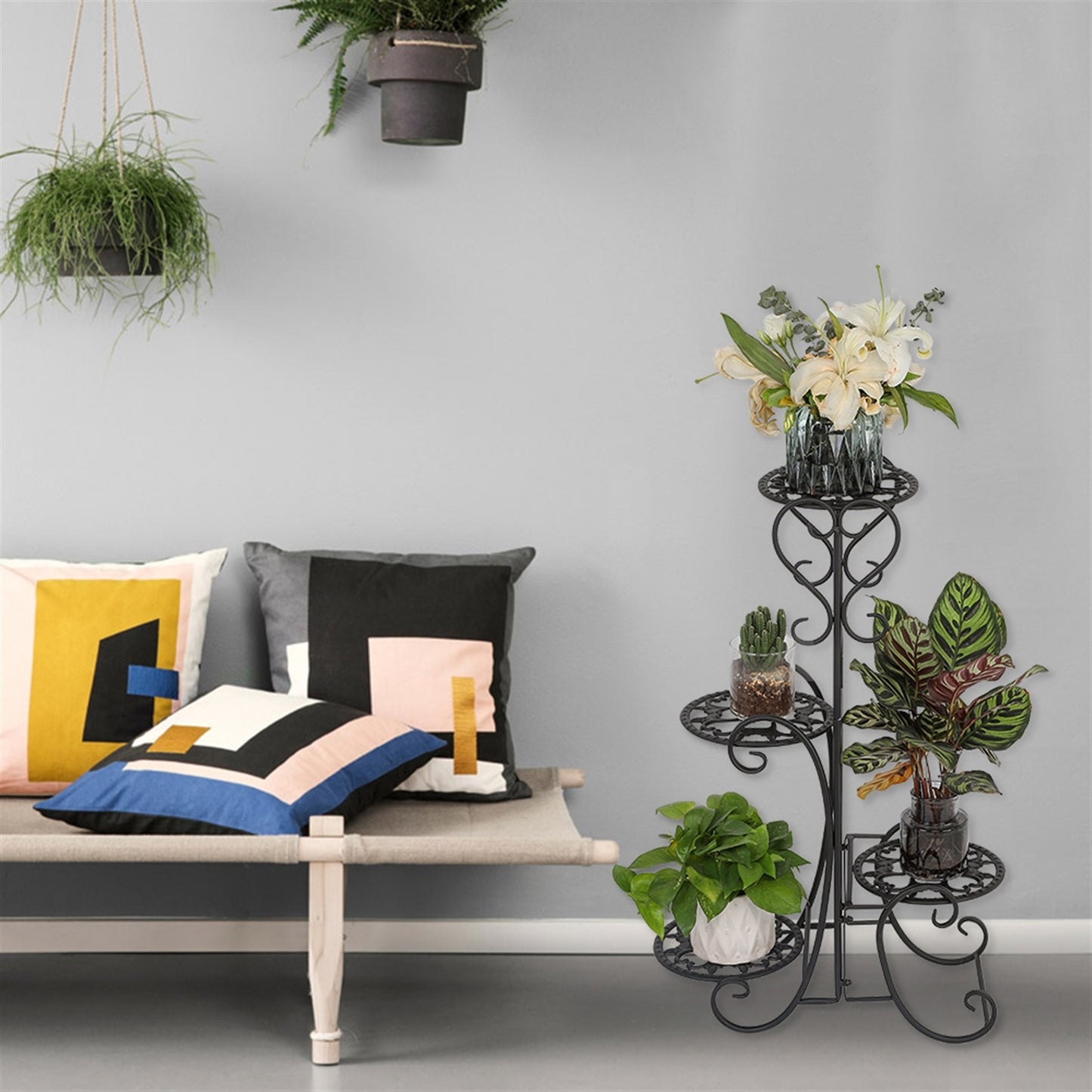 Metal Plant Stand with 4 Round Flower Pot Holders – Black Iron Garden Display Rack