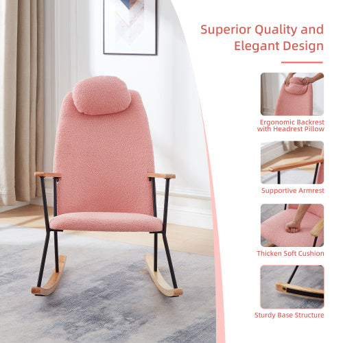 Modern Upholstered Rocking Chair with Headrest & Armrests – Living Room/Bedroom (Pink)