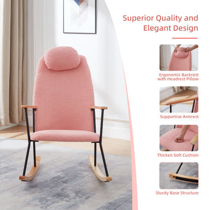 Modern Upholstered Rocking Chair with Headrest & Armrests – Living Room/Bedroom (Pink)