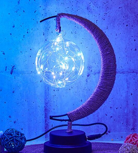 LED Crescent Moon Lamp with USB Power, Decorative Table Light with Glass Pendants