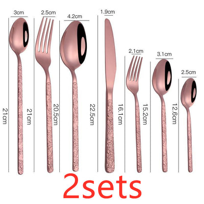 Embossed Handle Stainless Steel Flatware Set – 7-Piece, Black/Gold/Rose Gold/Silver