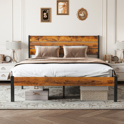Metal Platform Bed Frame with Rustic Wood Headboard & Footboard (No Box Spring Needed) – Twin/Full/Queen
