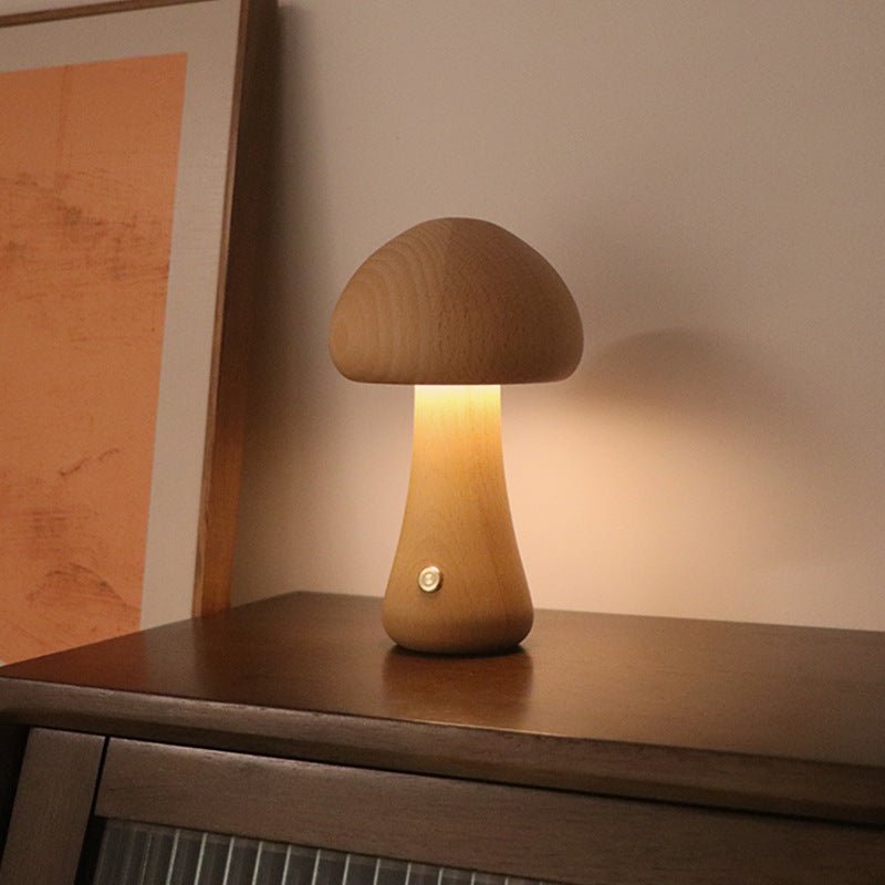 Wooden Mushroom LED Night Light, Touch-Activated Bedside Table Lamp