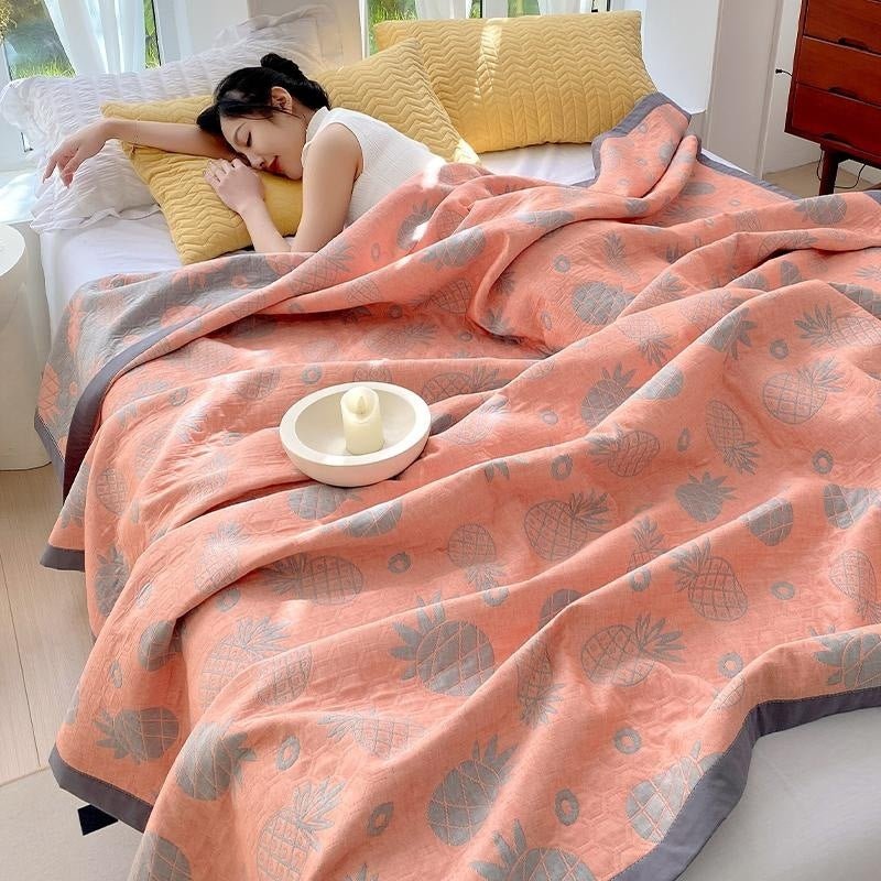 Three-Layer Cotton Blanket & Bedspread with Cat Pattern, All-Season