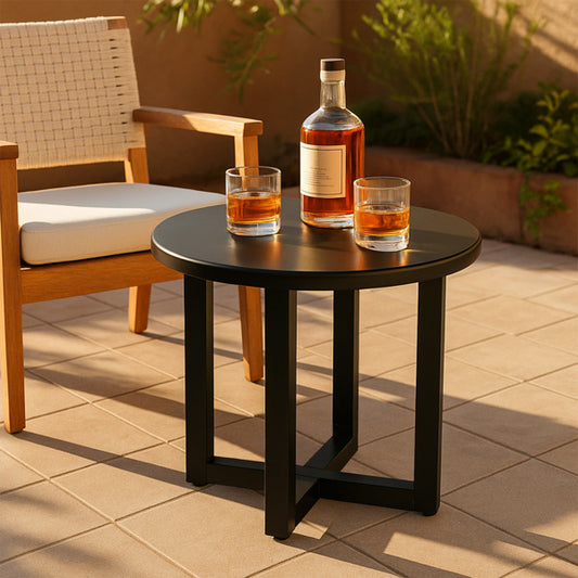 Round Outdoor Side Table, Black Metal Cross-Leg (46×46×41.5 cm)