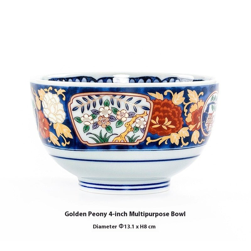 Retro Japanese Peony Pattern Ceramic Rice Bowls – Traditional Tableware for Home Dining