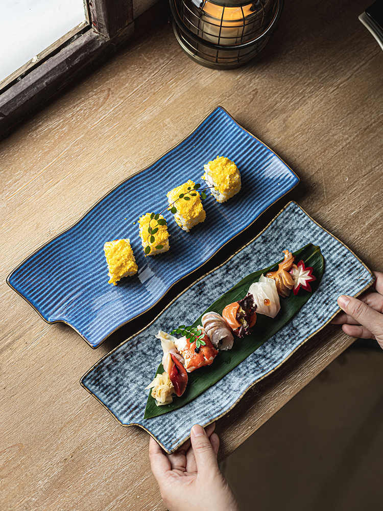 Irregular Long Ceramic Sushi Plates – Japanese Style Striped Flat Serving Dish