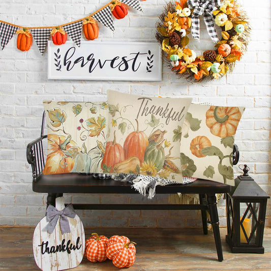 4PCS Fall Throw Pillow Covers 18x18 – Pumpkin Watercolor Farmhouse Cushion Cases for Thanksgiving & Autumn Home Decor
