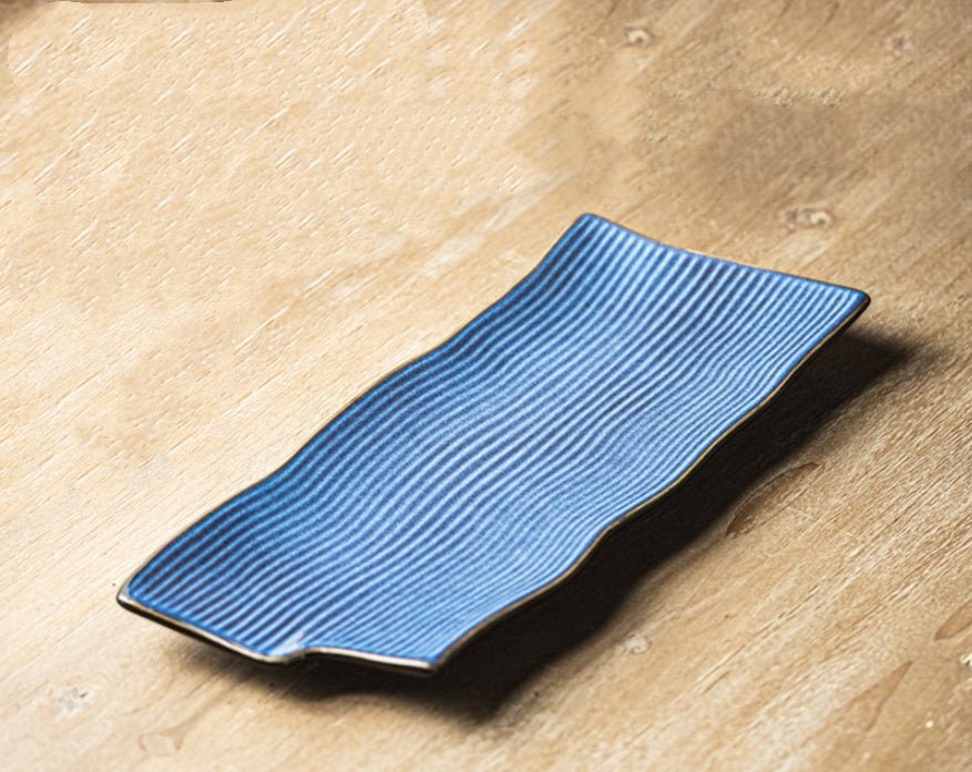 Irregular Long Ceramic Sushi Plates – Japanese Style Striped Flat Serving Dish
