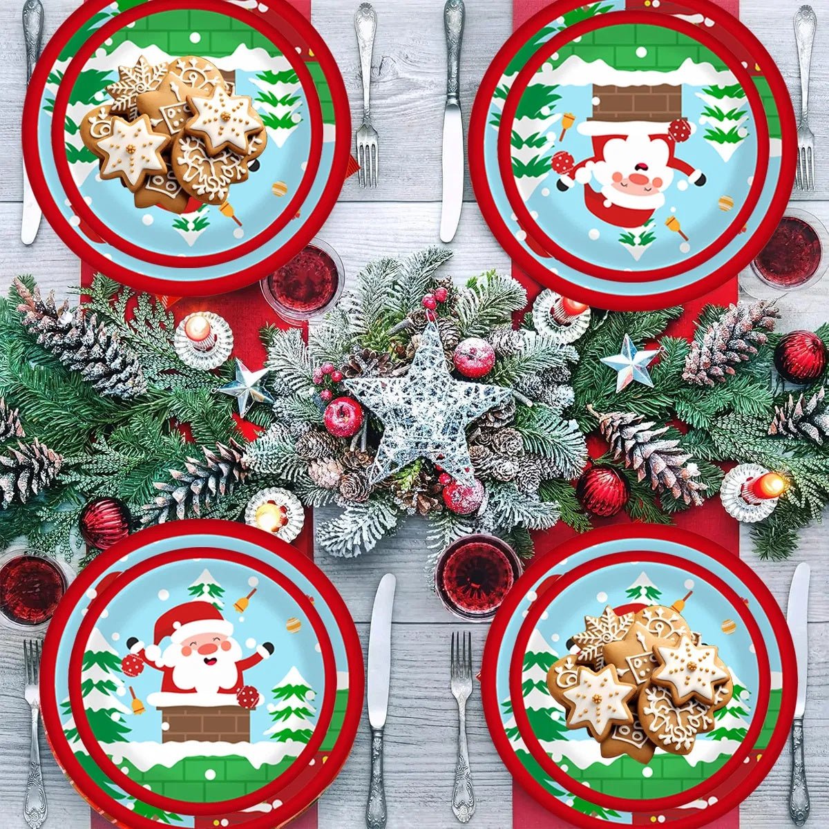 30Pcs Christmas Party Tableware Set – Disposable Paper Plates & Cups with Santa & Reindeer Design