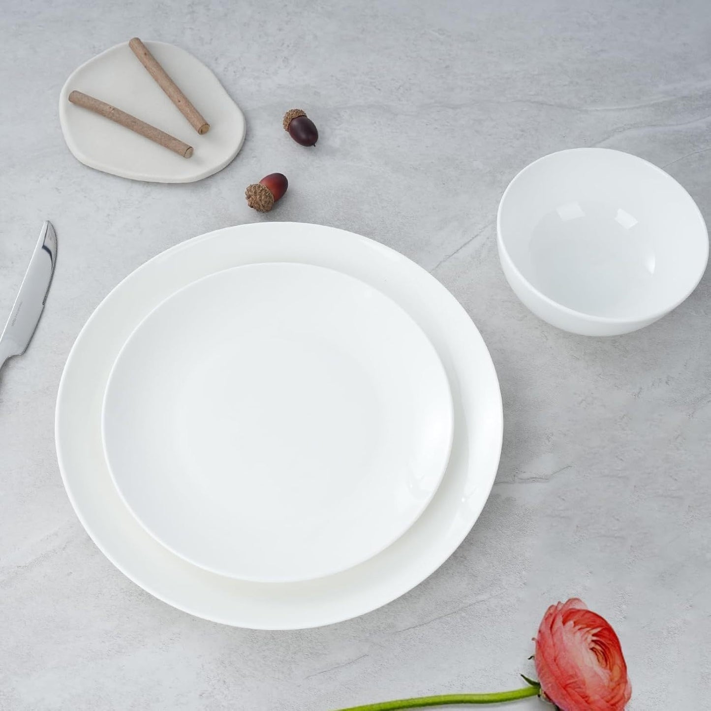 Jasmine Bone China Dinnerware Set – 16-Piece Service for 4 (Microwave & Dishwasher Safe, White)