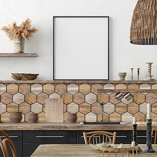 Hexagonal Wood Grain Peel & Stick Wall Tiles – Waterproof Self-Adhesive Backsplash for Kitchen & Bathroom
