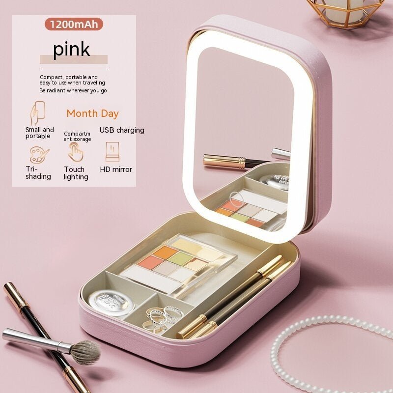 Portable LED Makeup Organizer Box with Adjustable Lighted Mirror