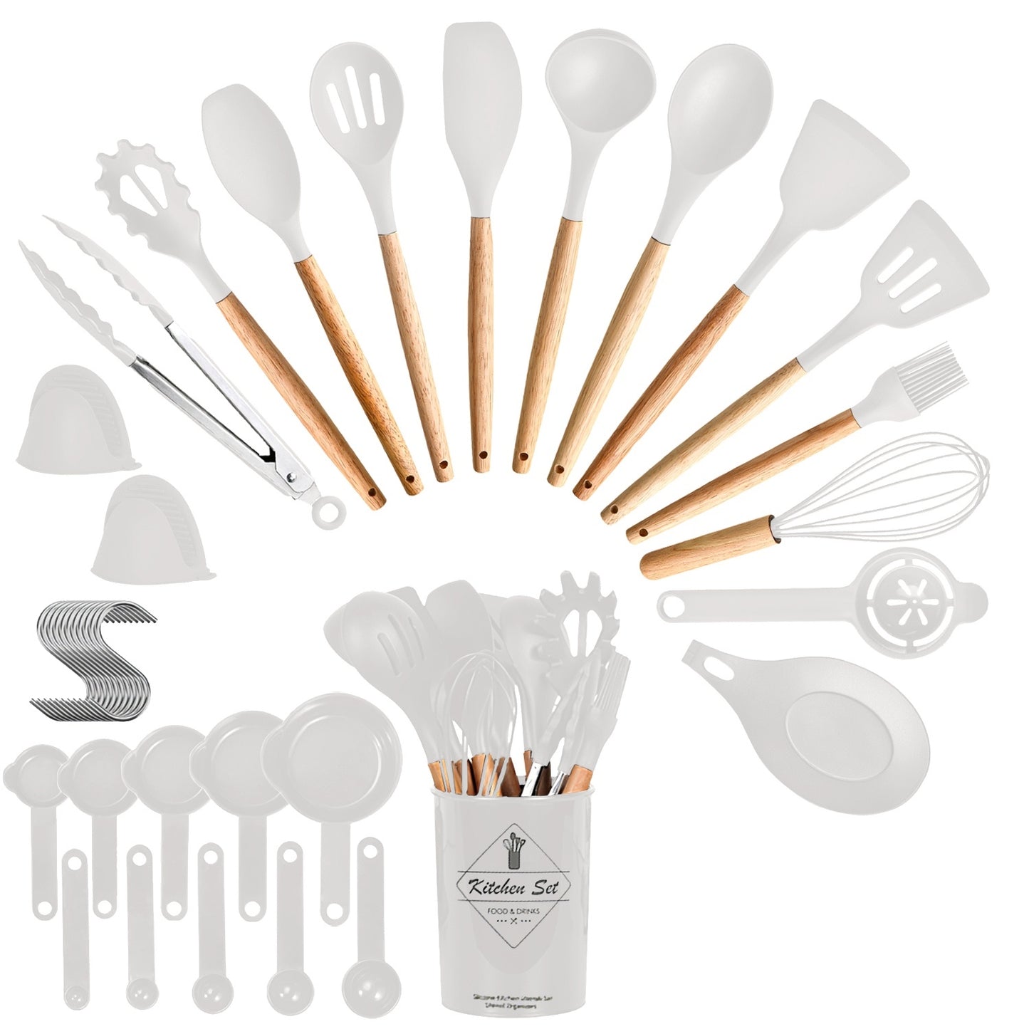 35Pcs Kitchen Cooking Utensils Set with Holder – Spatula, Whisk, Tongs, Spoons, Cups, Separator (4 Colors)