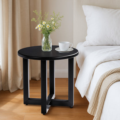 Round Outdoor Side Table, Black Metal Cross-Leg (46×46×41.5 cm)
