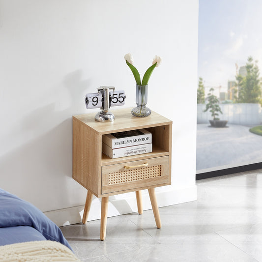 Rattan End Table with Drawer & Wood Legs - Bedroom/Living Room Nightstand - DonoHome
