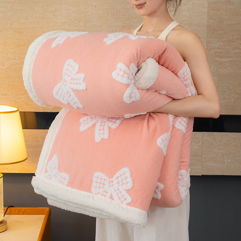 Cozy Polyester Blanket with Bowknot Jacquard Pattern, Warm Office Nap Throw