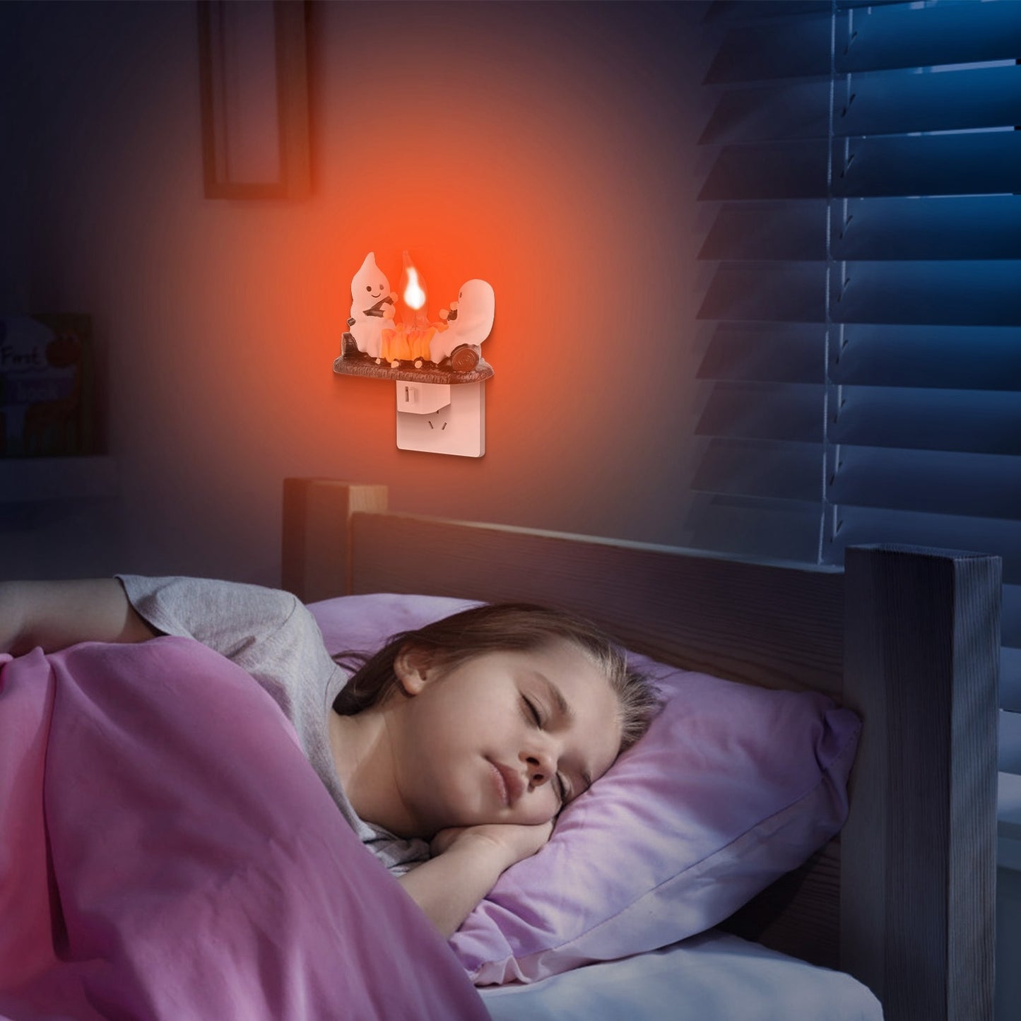 2Pcs Ghost Campfire Flickering Flame Night Light, Funny Halloween Bedroom Nightlight & Holiday Decoration Gift