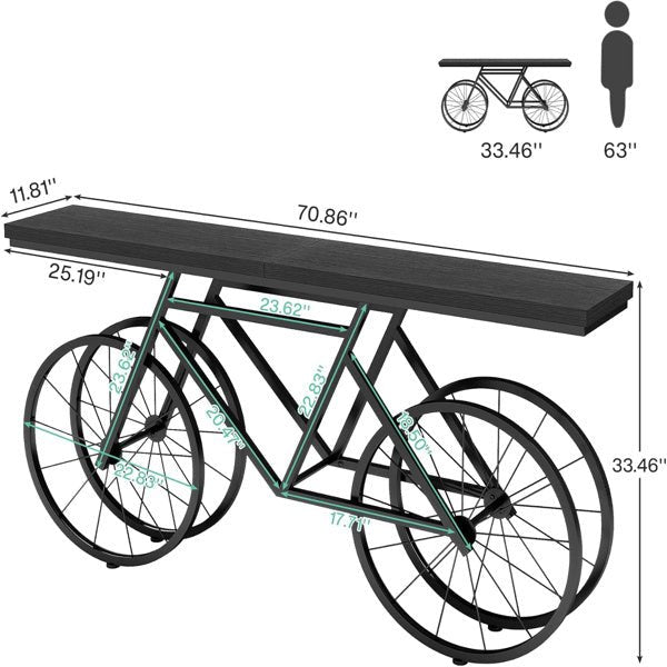 Creative 71 Inch Long Console Table With Bicycle Shaped Metal Base, Unique Wooden Entryway Or Sofa Table For Living Room, Hallway, Or Display Decor
