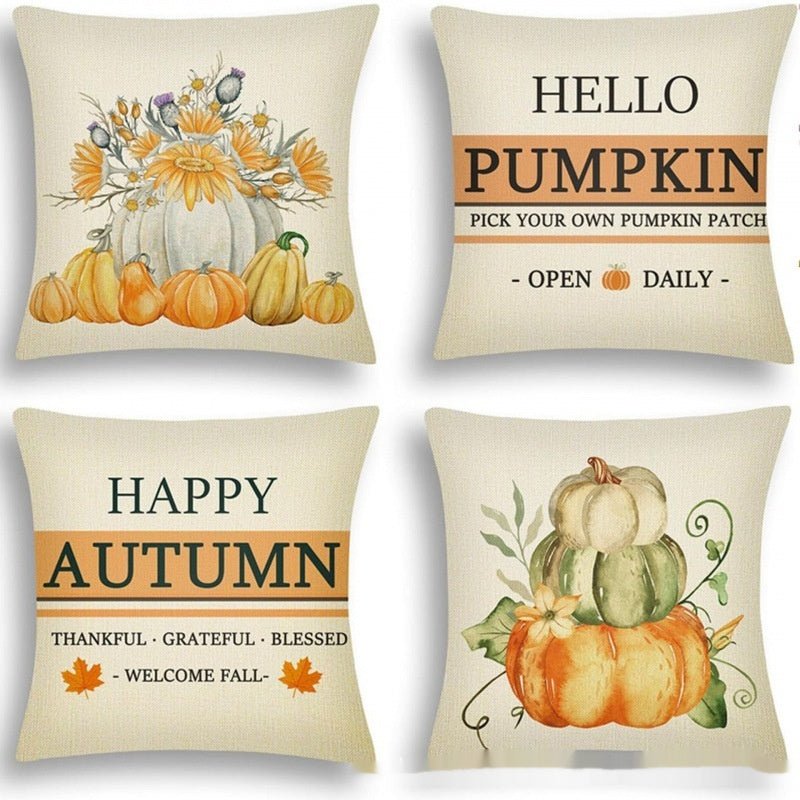 4-Piece Printed Linen Throw Pillowcase Set, Autumn Pumpkin Decor