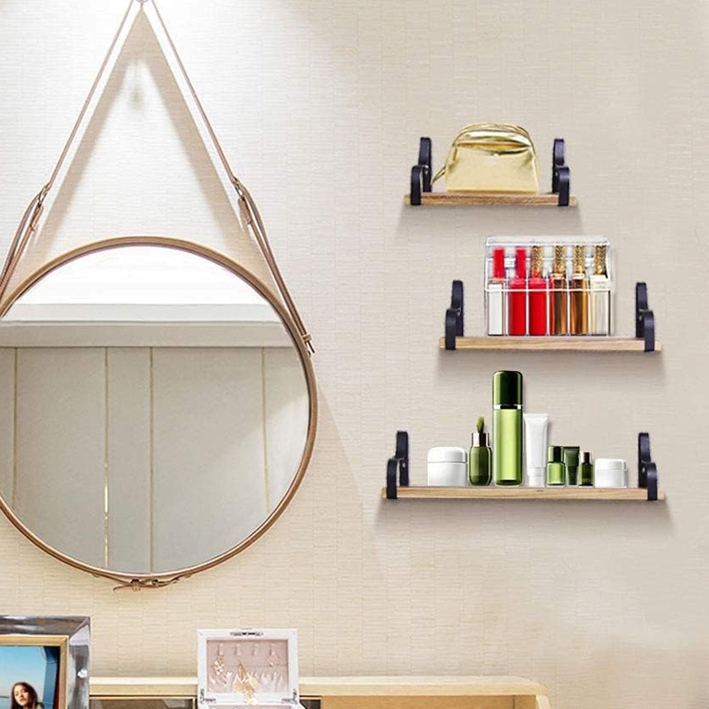 3-Piece Rustic Brown Floating Wall Shelves – Wooden Farmhouse Storage & Decor