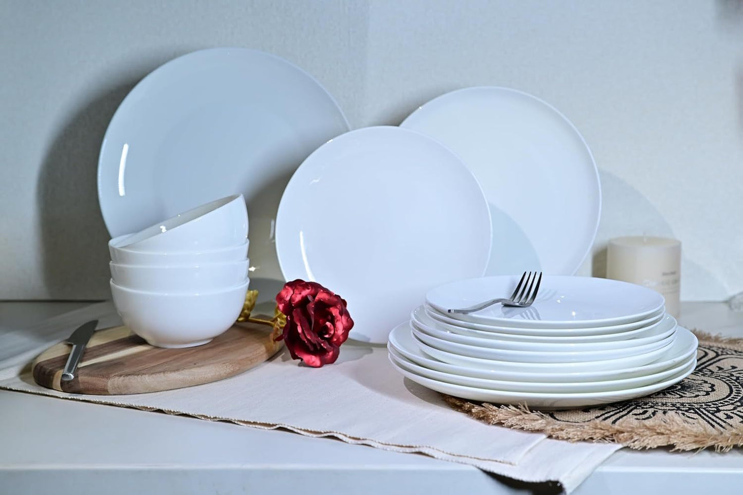 Jasmine Bone China Dinnerware Set – 16-Piece Service for 4 (Microwave & Dishwasher Safe, White)