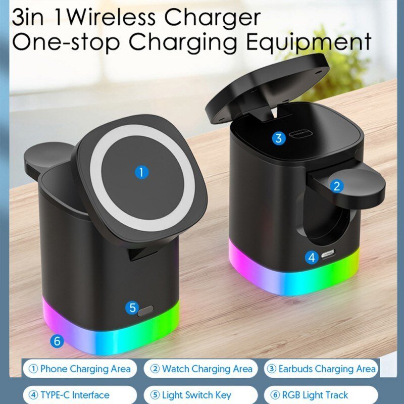 3-in-1 Magnetic Wireless Fast Charger with RGB Ambient Light