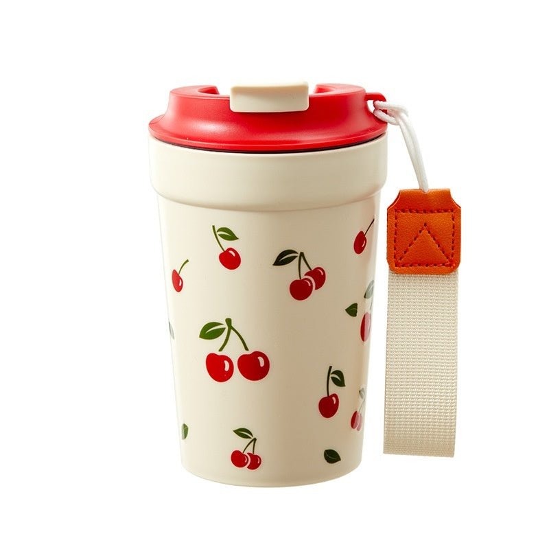Creative Large Capacity Cherry Print Tumbler with Lid and Straw