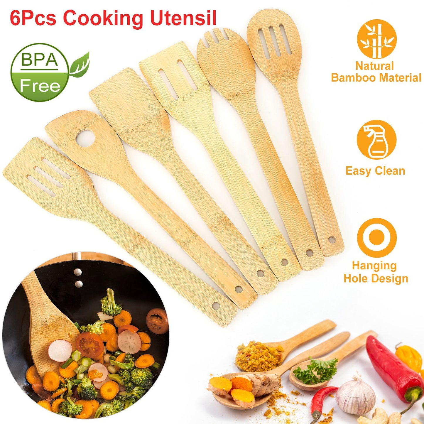 6Pcs Bamboo Wooden Cooking Utensils Set – Spoons & Spatulas for Nonstick Cookware