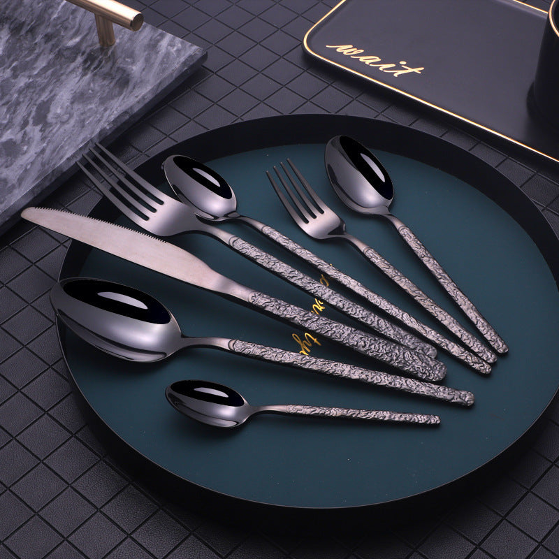 Embossed Handle Stainless Steel Flatware Set – 7-Piece, Black/Gold/Rose Gold/Silver
