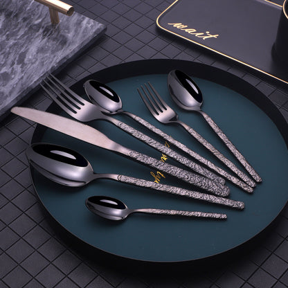 Embossed Handle Stainless Steel Flatware Set – 7-Piece, Black/Gold/Rose Gold/Silver